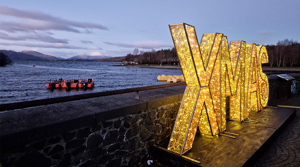 A shinny XMAS word sculpture at Loch Lomond Shores, Balloch, Scotland UK